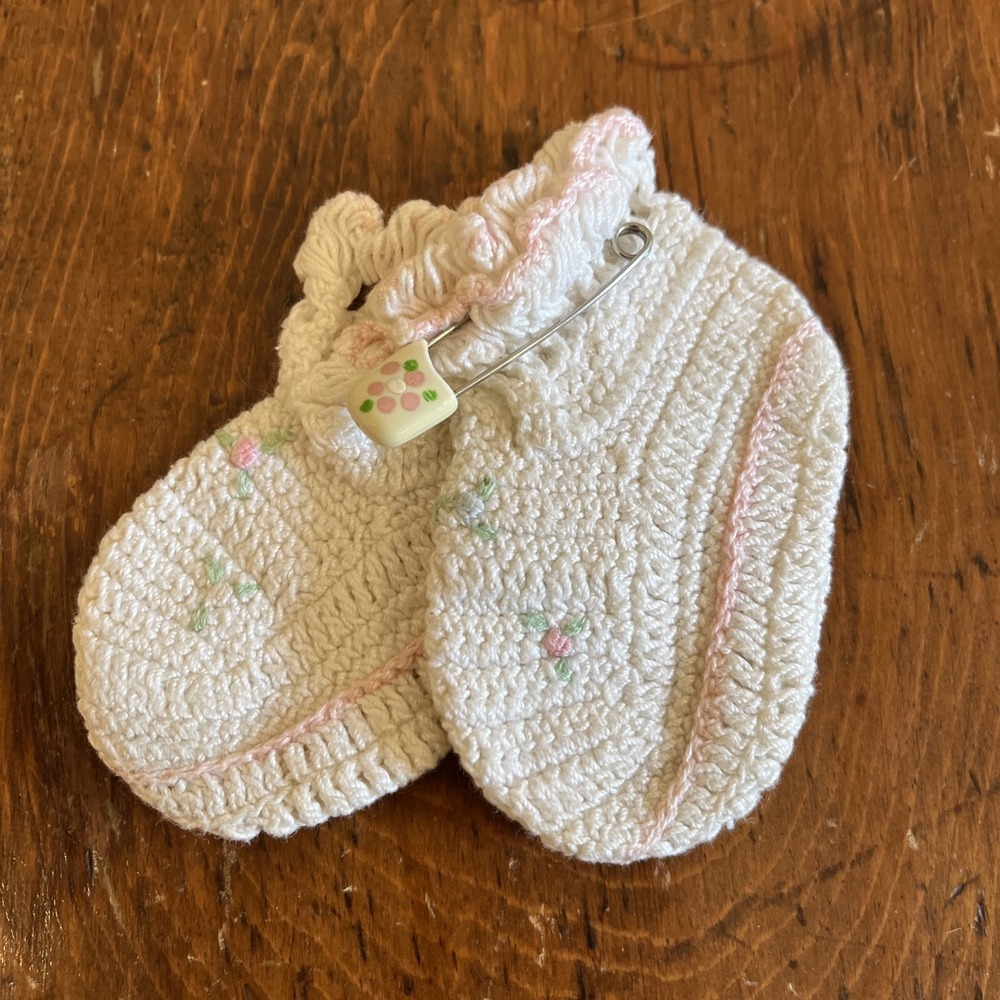 Vintage Pair Hand Crocheted Baby Shoes Booties Pink Floral Accents Ruffles